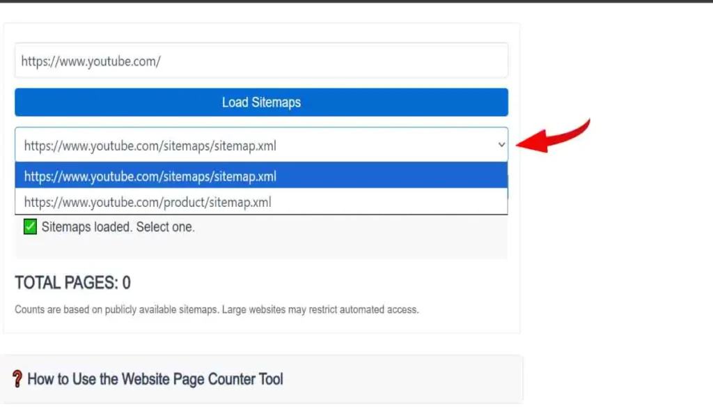 Sitemap selection dropdown